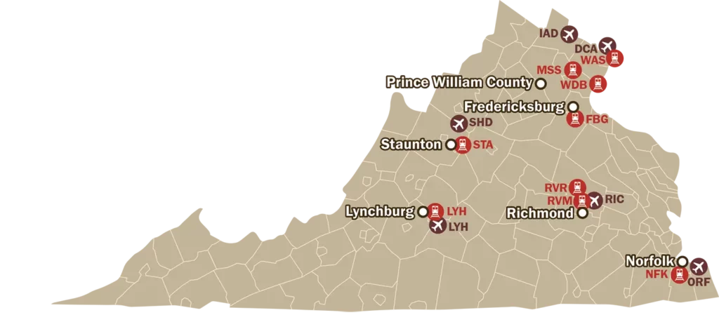 map of Virginia showing airports and train stations