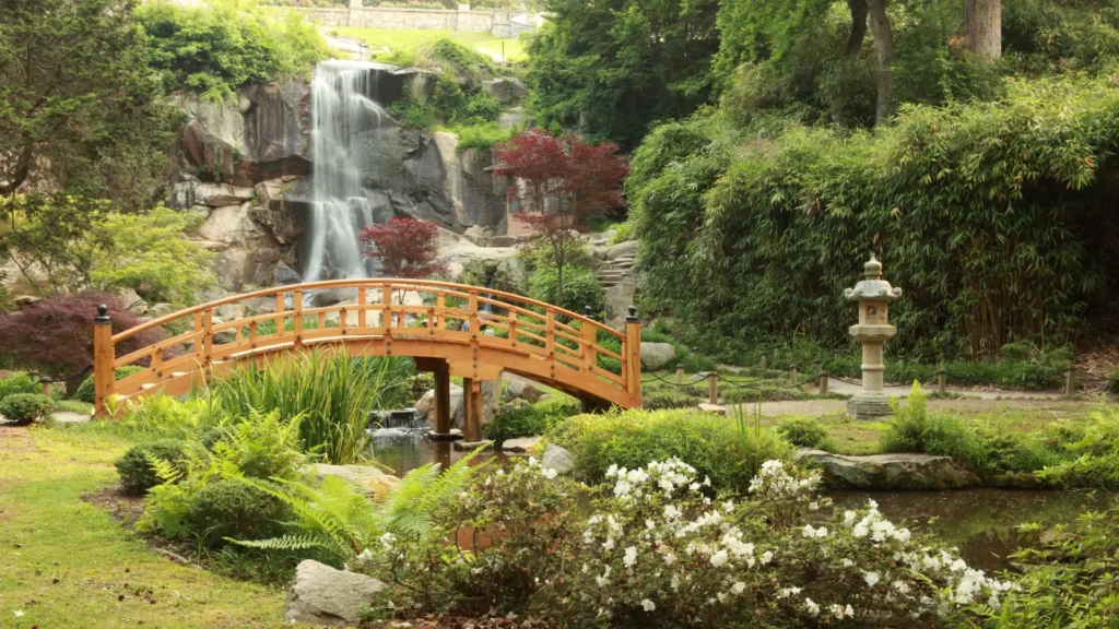 Japanese gardens at Maymont with a small bridge and waterfall in the background