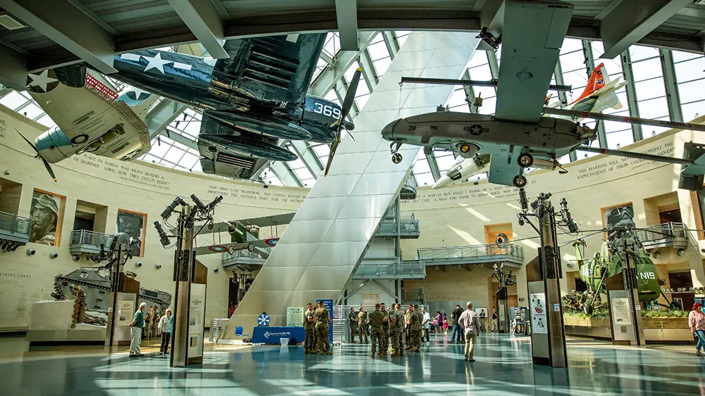 Airplanes suspended inside the Marine Corps Museum